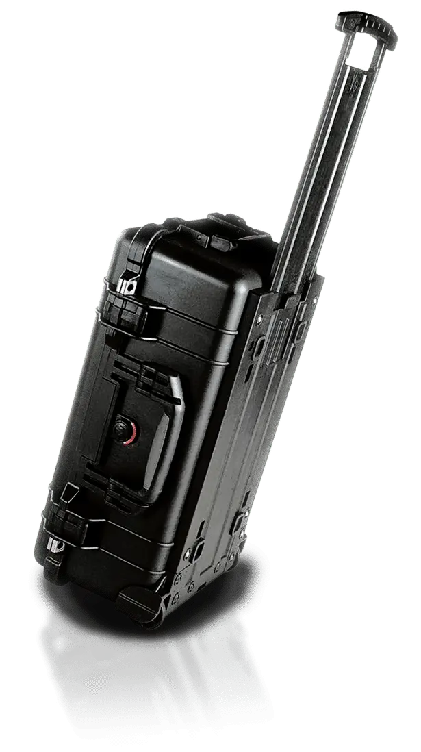 C-GCS in transport mode showing wheels, suitcase handle, and Pelican case body