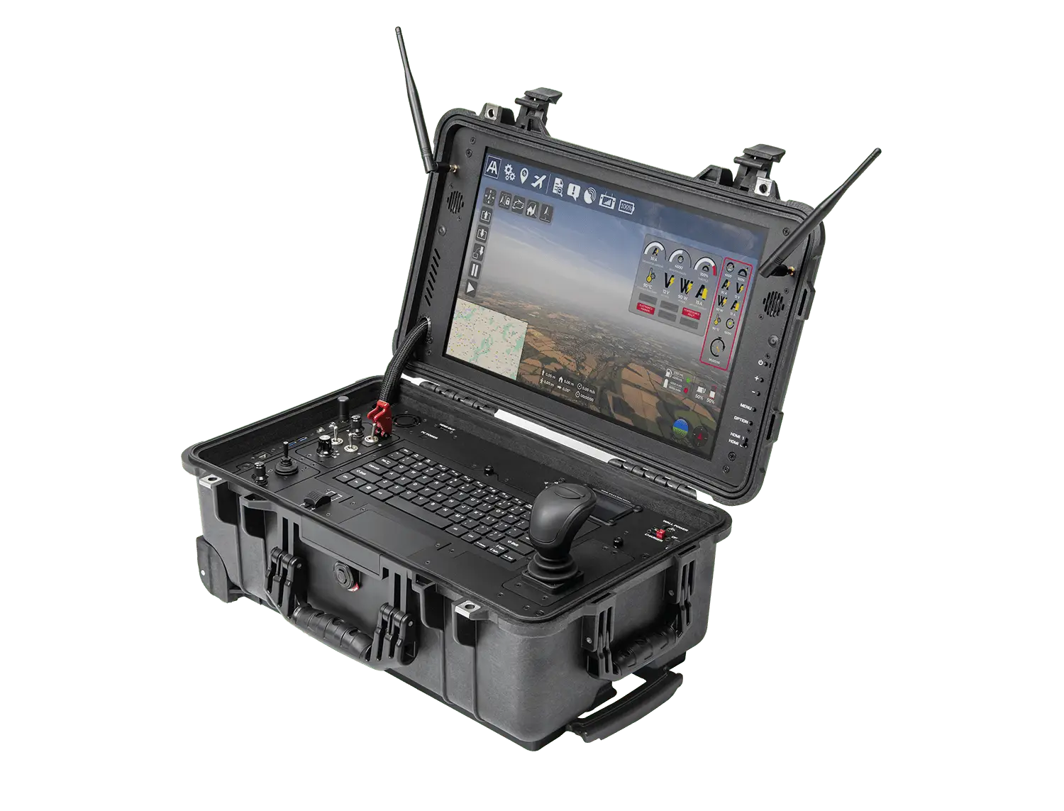Harris Aerial C-GCS Carrier Ground Control Station with 19 inch HD display open in Pelican case