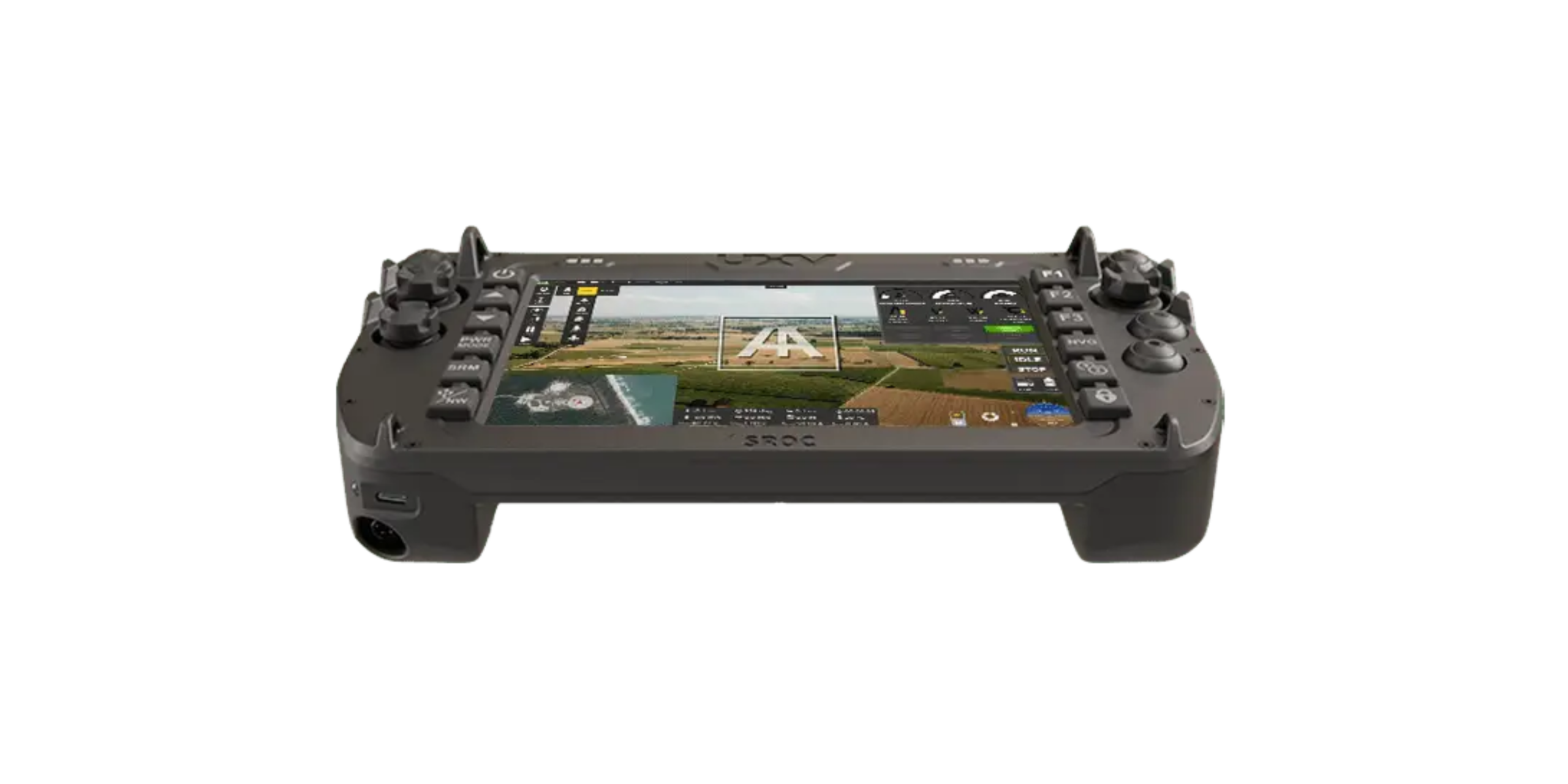 C-SRoC ruggedized GCS angled view showing soft-touch coated ABS chassis and ergonomic controller handle