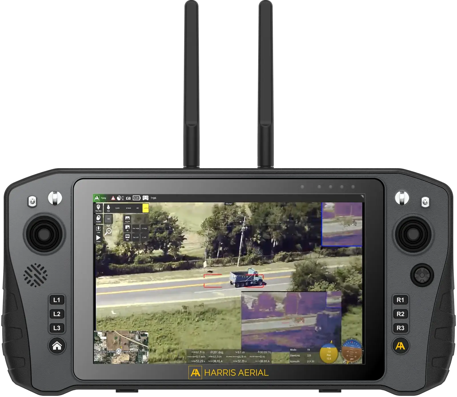 NEXUS ground control station 1500 nit sunlight readable display tracking a truck in daylight